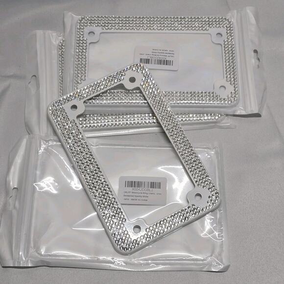 Motorcycle Bling License Plate Frame‎ Stainless Steel Rhinestone White Bedazzled - Picture 2 of 6